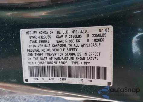 2003 Honda Cr-V Ex из США, поврежденный, VIN SHSRD78873U156923